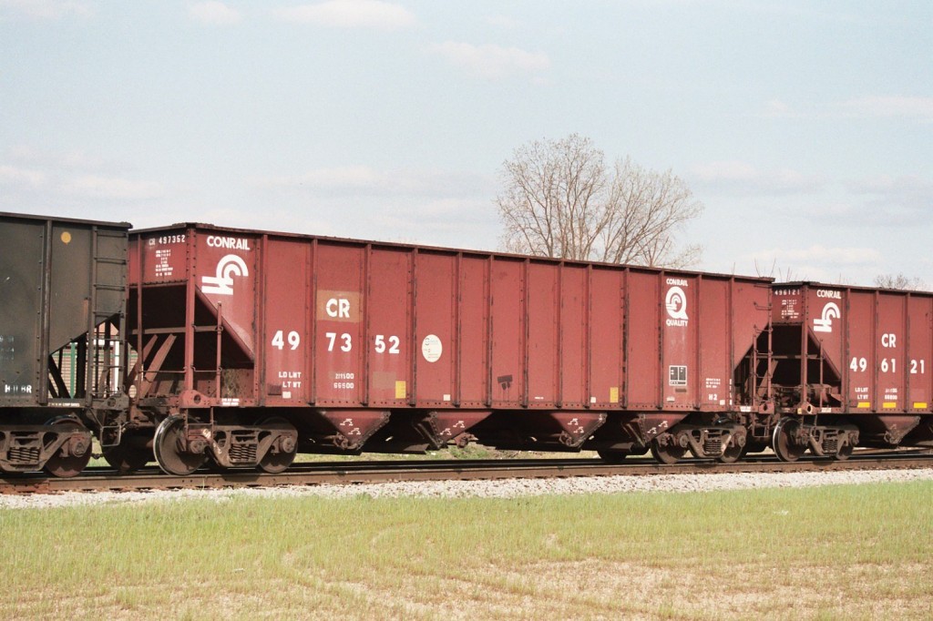 Conrail Quad Hopper #497352
Conrail Quad Hoper #497253 is with a CR sister and a number of NS black counterparts on NS local job B-0-K, coming back empty from the Pfizer plant in Portage, MI.  April 24, 2007.
Keywords: Conrail Quality CR quad hopper coal 497352 pfizer Portage Kalamazoo B-0-K B0K