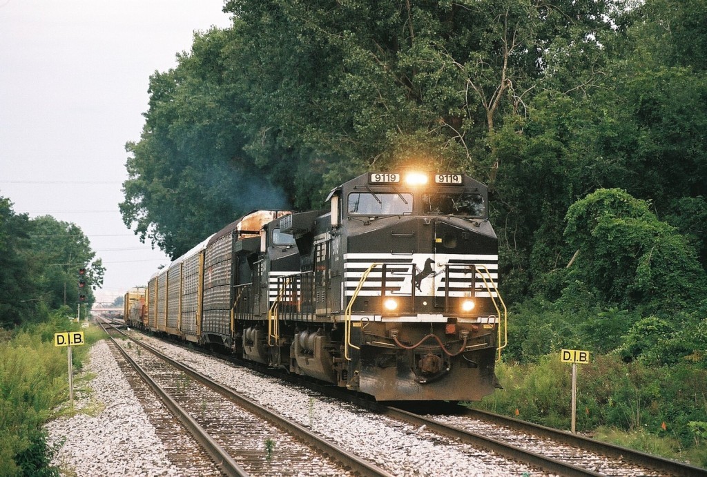 NS D9-40CW #9119
NS manifest 38E throttles up as it takes the lead from the Junction Yard runner onto the number 2 main at CP-Townline.  This train has mixed freight for Wayne, Jackson, Battle Creek, and the JAIL interchange.  Far in the distance, Amtrak 355 is fast approaching on the number 1 track for an on-time arrival at the Dearborn station.  September 12, 2011.
Keywords: Norfolk Southern NS thoroughbred Dearborn Amtrak Station depot DIB Townline Michigan Line D9-40CW 9119 38E 38-E