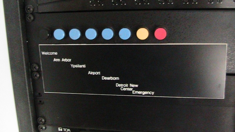 MiTrain car in Ann Arbor 8 - PA system controls
On Friday, June 14th, I had the opportunity to tour an ex-Metra bi-level commuter car that was put on display on the Ann Arbor Railroad in Ann Arbor, Michigan. This is showing how the customized announcements for each station are manually activated in the cab section of the car.
Keywords: MiTrain, Ann Arbor, passenger car