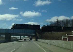 CSX overpass on Route 2 westbound in Willoughby, Ohio on March 22, 2015.  Four CSX units pulling empty coal hoppers away from Eastlake coal power plant.